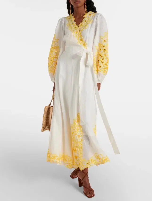 Zimmermann Golden Embroidered Midi Dress | White/Yellow, Wrap Style Size 3 /14 Anglaise, Dolman - Image 1