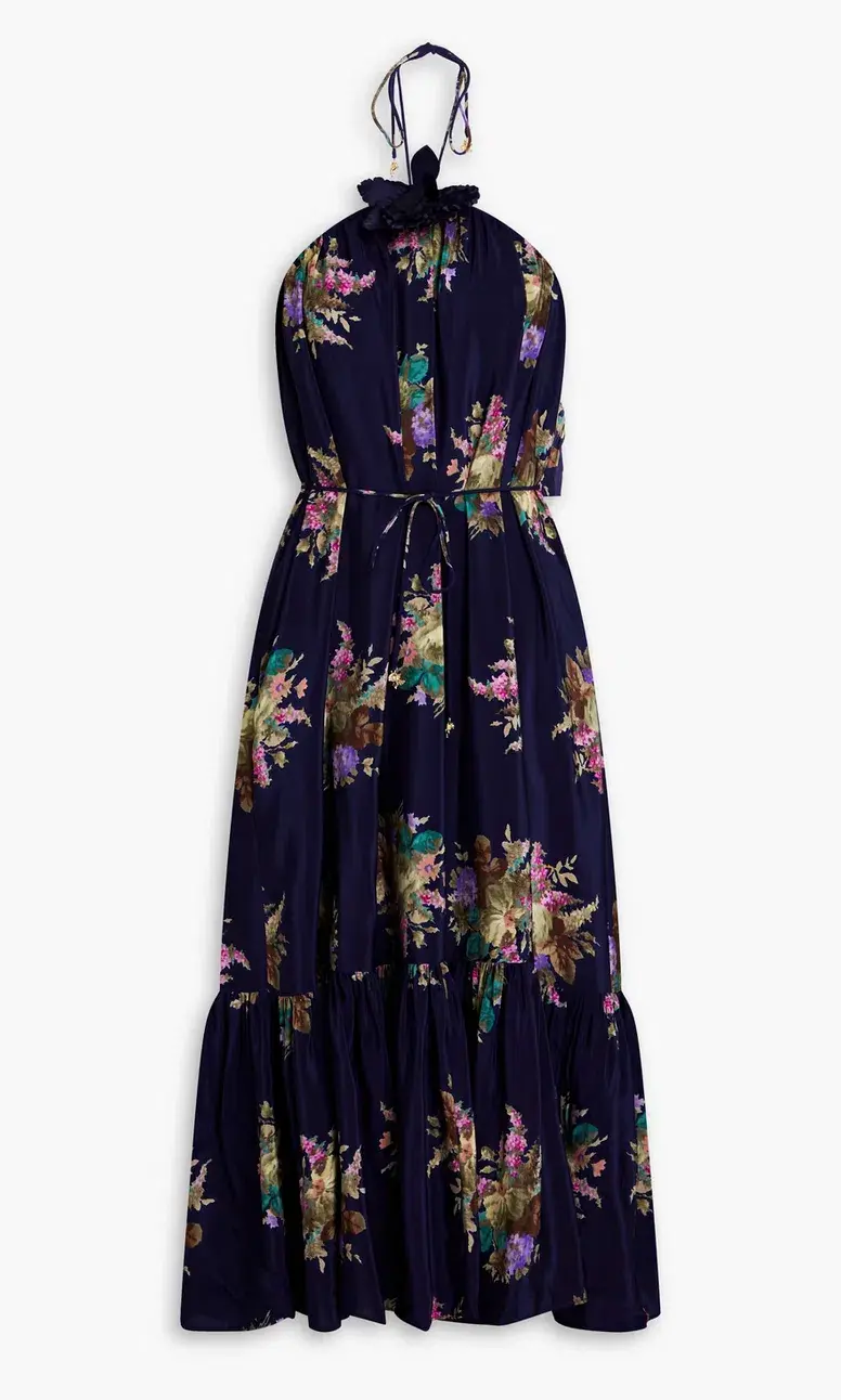 Zimmermann floral-print silk-crepe de chine halterneck midi dress Navy Size 2 for rent on The Volte - main image