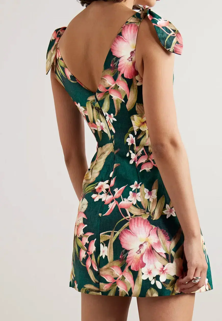Zimmermann Lexi pleated floral-print linen mini dress Emerald Size 2 for rent on The Volte - main image