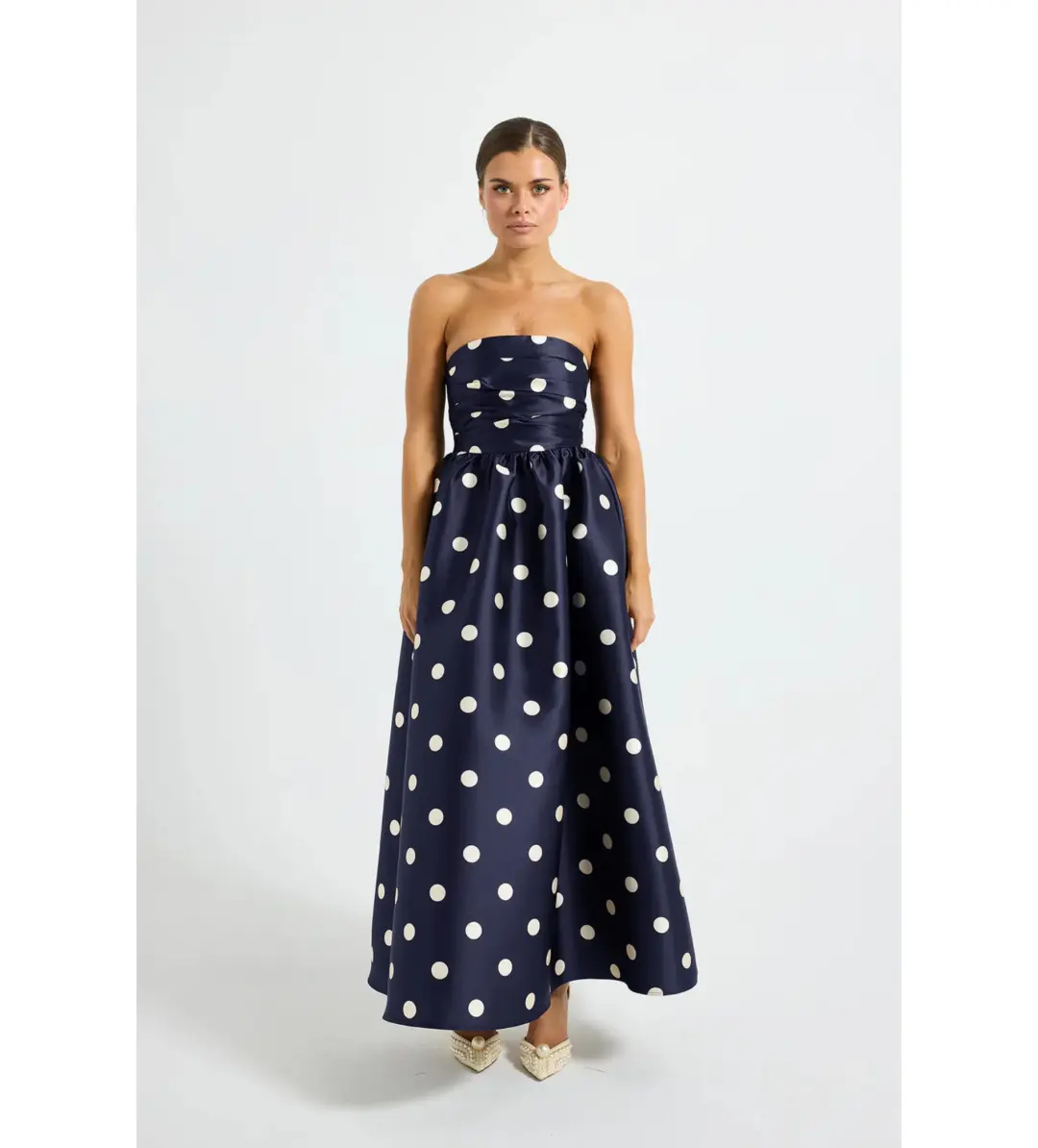 Pasduchas Dottie Strapless Midi Dress in Navy Size AU10 for rent on The Volte - main image