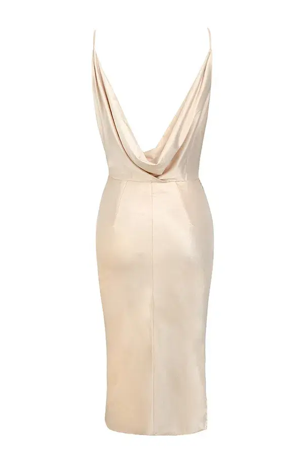 House of CB "Coco" Satin Drape Back Midi Dress Nude Size 6 for rent on The Volte - main image