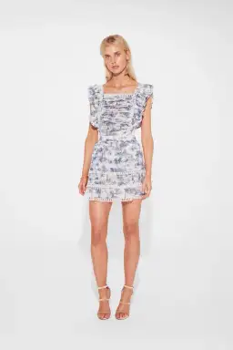 Sir The Label Dahlia Linen Ruffle Mini Dress Blue Palm Tree Print | AU 6 for rent on The Volte - image 1