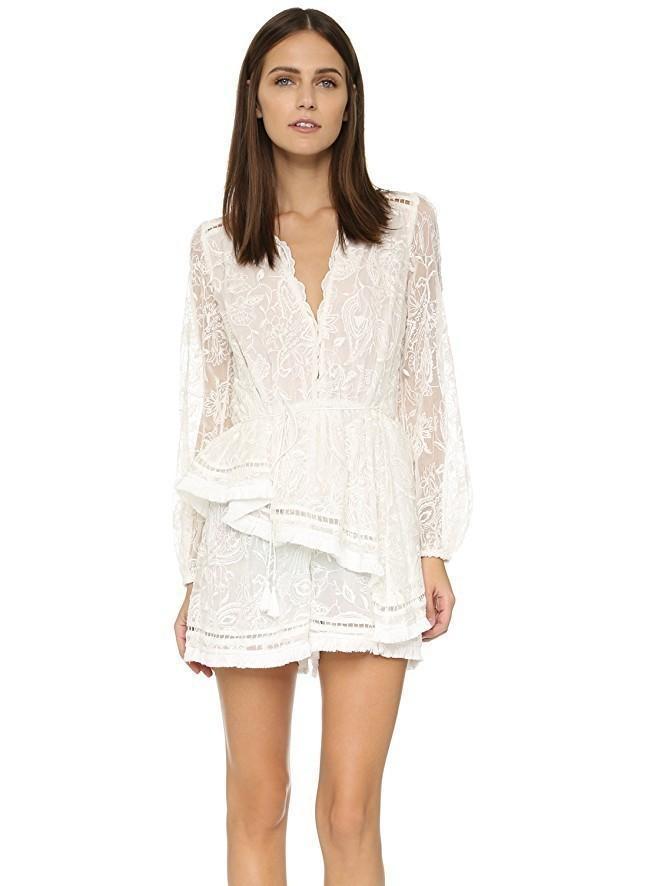 Zimmermann Henna Floating Fringe Playsuit White Ivory Size 6 for rent on The Volte - main image