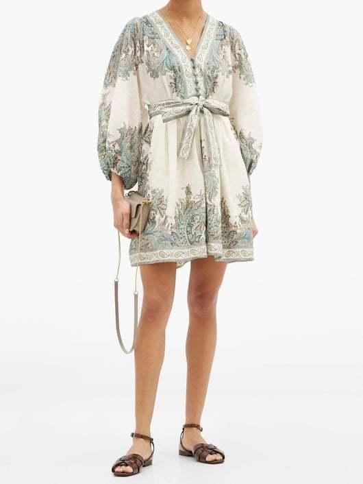 Brighton Paisley Mini Dress (cream/blue/blush, size 14) - Image 1