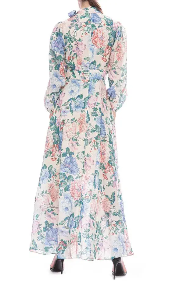Zimmermann Verity Plunge Long Dress Cream Floral Size 8 for rent on The Volte - main image