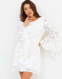 Ministry of Style Lace Bell Sleeve Mini Dress White Size 10 for rent on The Volte - image 1