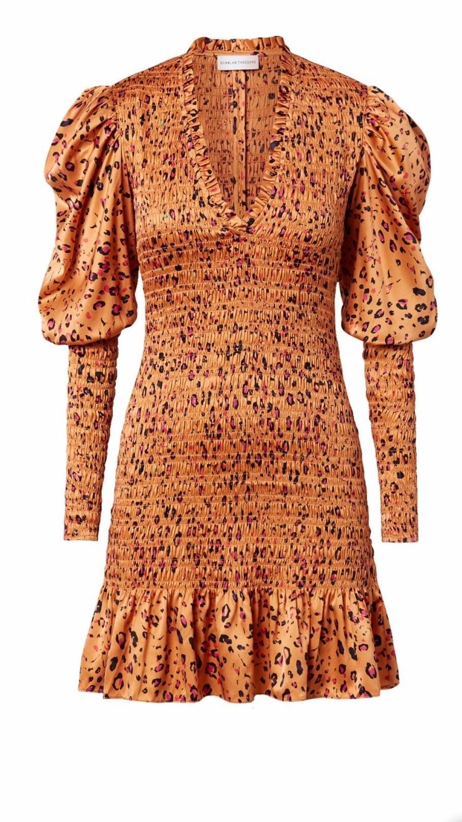 Scanlan Theodore Silk Leopard Shirred Dress Orange Size 8 - Image 3