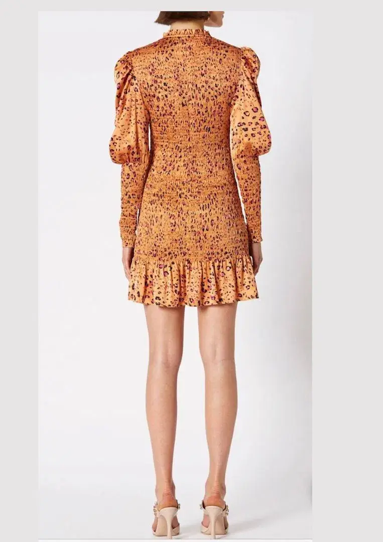 Scanlan Theodore Silk Leopard Shirred Dress Orange Size 8 - Image 2