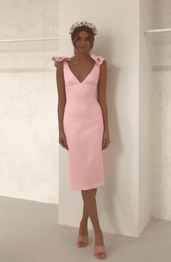 By Johnny V Plunge Bow Shoulder Midi Dress Baby Pink Size 8 for rent on The Volte - main image