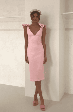By Johnny V Plunge Bow Shoulder Midi Dress Baby Pink Size 8 for rent on The Volte - image 1