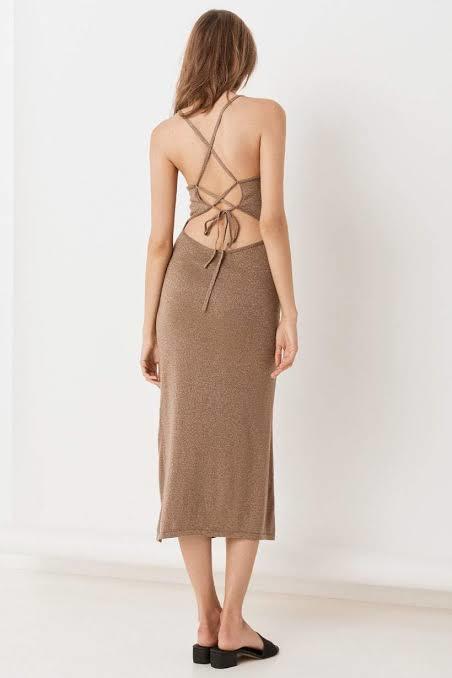Spell Petra Metallic Knit Dress Brown Size 8 for rent on The Volte - main image
