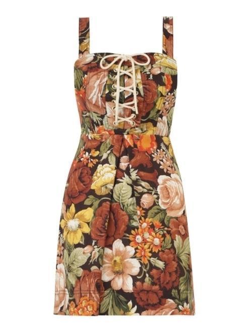 Zimmermann Bonita Lace Up Mini Dress in Chocolate Floral Size 0P (AU 6) for rent on The Volte - main image