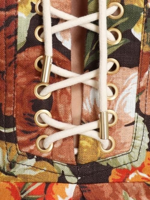 Zimmermann Bonita Lace Up Mini Dress in Chocolate Floral Size 0P (AU 6) for rent on The Volte - main image