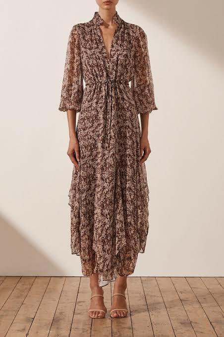 Shona Joy Blossom Plunged Godet Midi Dress Brown Size 6 for rent on The Volte - main image