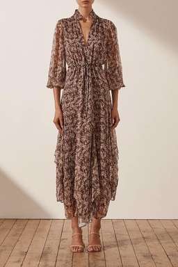 Shona Joy Blossom Plunged Godet Midi Dress Brown Size 6 for rent on The Volte - image 2