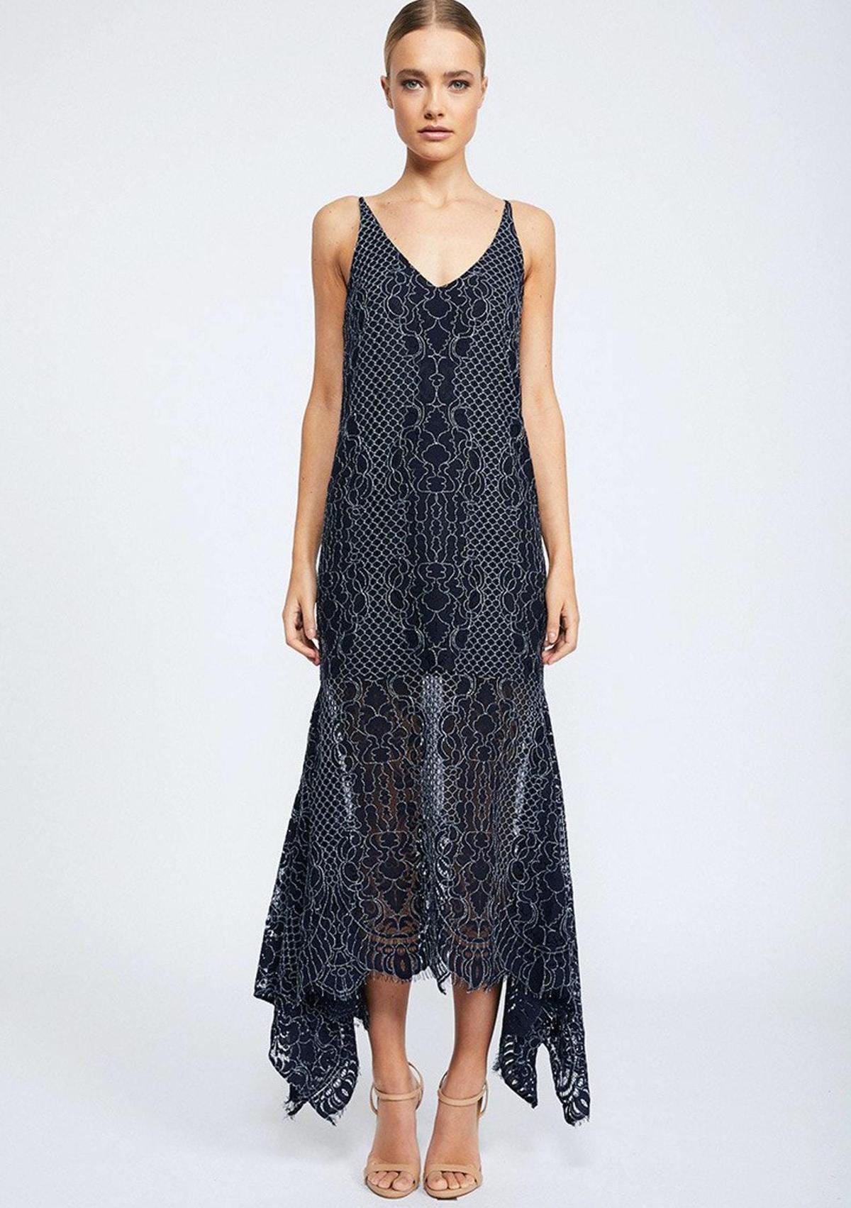 Shona Joy Lace Handkerchief Slip Dress Navy size 8 - Image 1