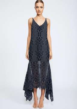 Shona Joy Lace Handkerchief Slip Dress Navy size 8