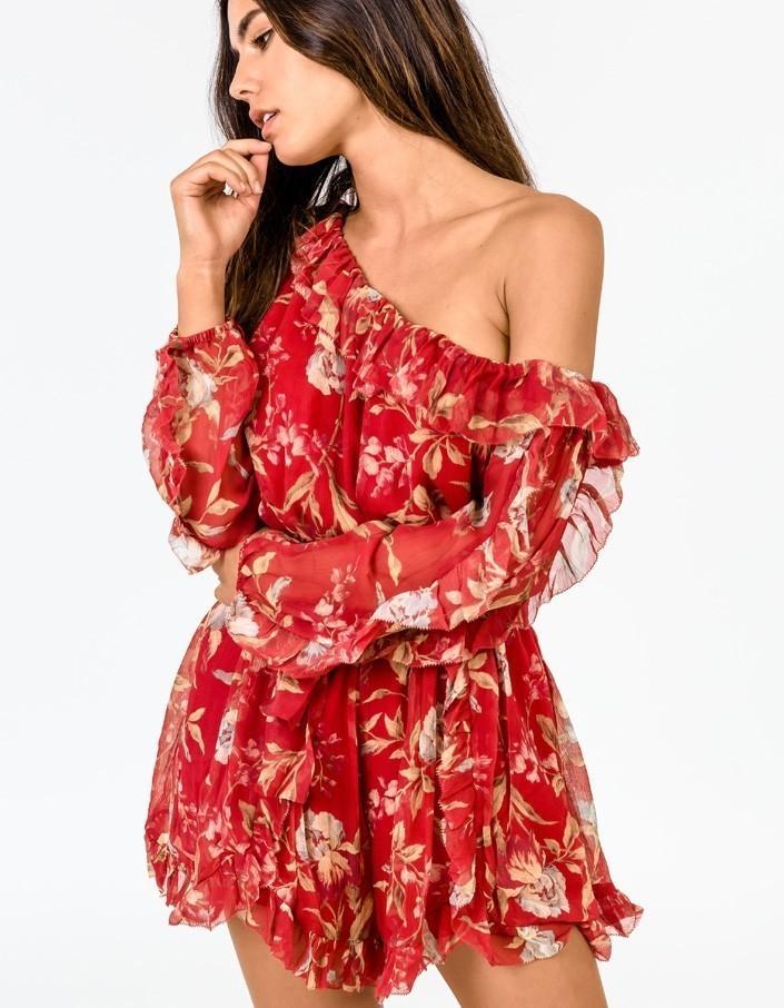 Zimmermann Corsair Iris Playsuit Red Washed Iris Size 0 / AU 8 for rent on The Volte - main image