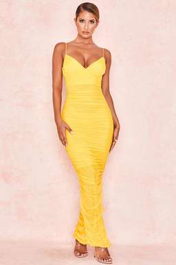 House of CB 'Belle Nuit' Ruched Mesh Maxi Dress Yellow Size 8 for rent on The Volte - image 1