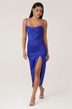 Meshki Kimberly Cowl Front Midi Dress Blue Size 8 for rent on The Volte - image 1