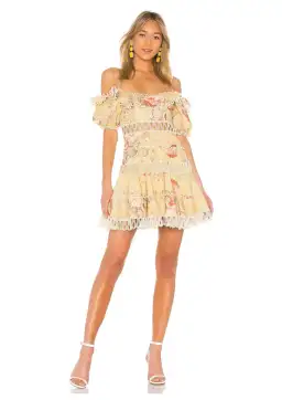 Zimmermann Melody Off Shoulder Mini Dress Mustard Taupe Floral Size 6 for rent on The Volte - image 1