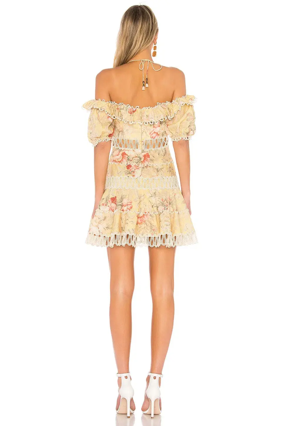 Zimmermann Melody Off Shoulder Mini Dress Mustard Taupe Floral Size 6 for rent on The Volte - main image