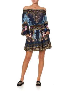 Camilla Off Shoulder Short Dress Fields of Treasure Print Size 14