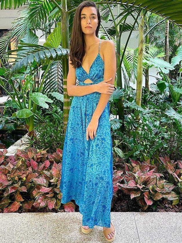 Scanlan Theodore Silk Tropical Strappy Dress Blue Size 8 for rent on The Volte - main image