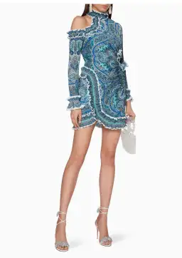 Zimmermann Moncur Asymmetric Mini Dress Aqua Paisley Size 0 / AU 8