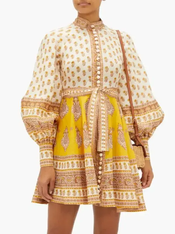 Zimmermann Bonita Buttoned Dress Mustard Paisley Size 6 for rent on The Volte - main image