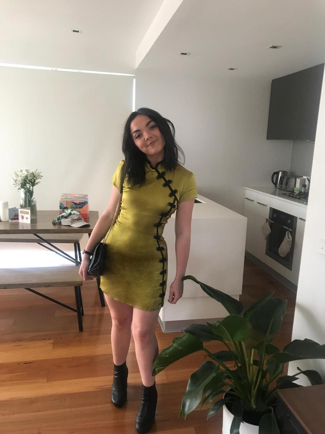 De La Vali Suki Dress - Chartreuse Silk Mini - Size 10 for rent on The Volte - main image