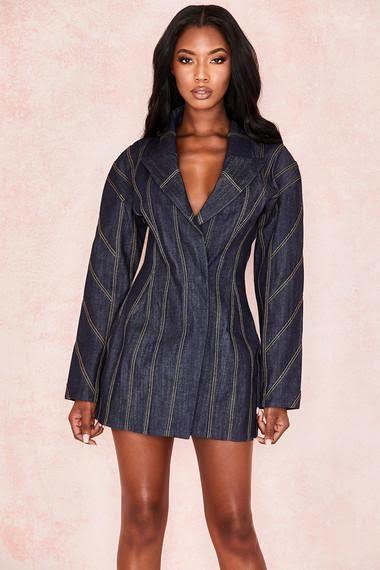 House of CB Dark Denim Etienne Jacket Mini Dress Blue Size 10 for rent on The Volte - main image