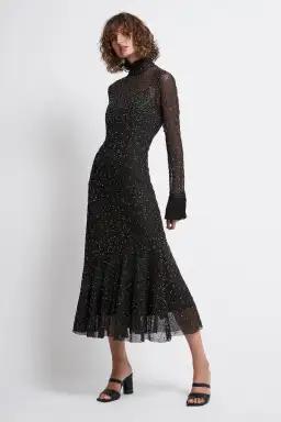 Aje Rebellion Embellished Frill Midi Dress Onyx Size 8