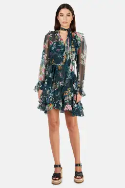 Zimmermann Wavelength Scallop Ruffled Mini Wrap Dress Teal Daphne Floral Size 8