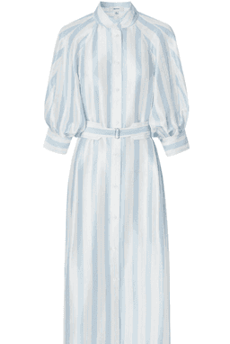 "Oroton" Silk stripe midi dress, blue and white, size 8 + matching silk belt, RRP $549