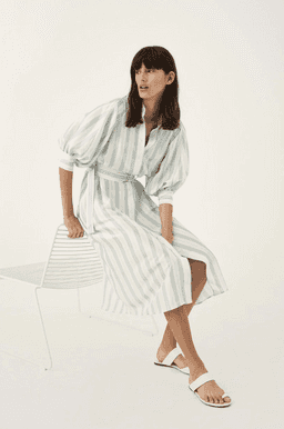 "Oroton" Silk stripe midi dress, blue and white, size 8 + matching silk belt, RRP $549