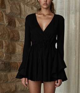 Shona Joy Diana Frill Cuff Drawstring Mini Dress Black Size 6 for rent on The Volte - image 2