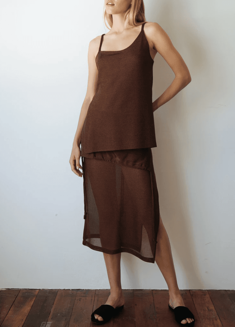 Kacey Delvin Multi Wear Temperate Midi Skirt with Single Side Split Brown Size 12 for rent on The Volte - main image