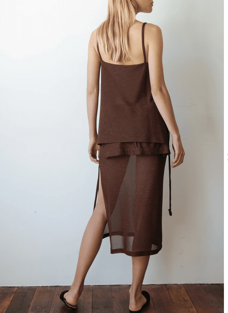 Kacey Delvin Multi Wear Temperate Midi Skirt with Single Side Split Brown Size 12 for rent on The Volte - main image