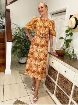 Zimmermann Tempo Puff Sleeve Day Dress in Toffee Nouveau Size 1 / Au 10