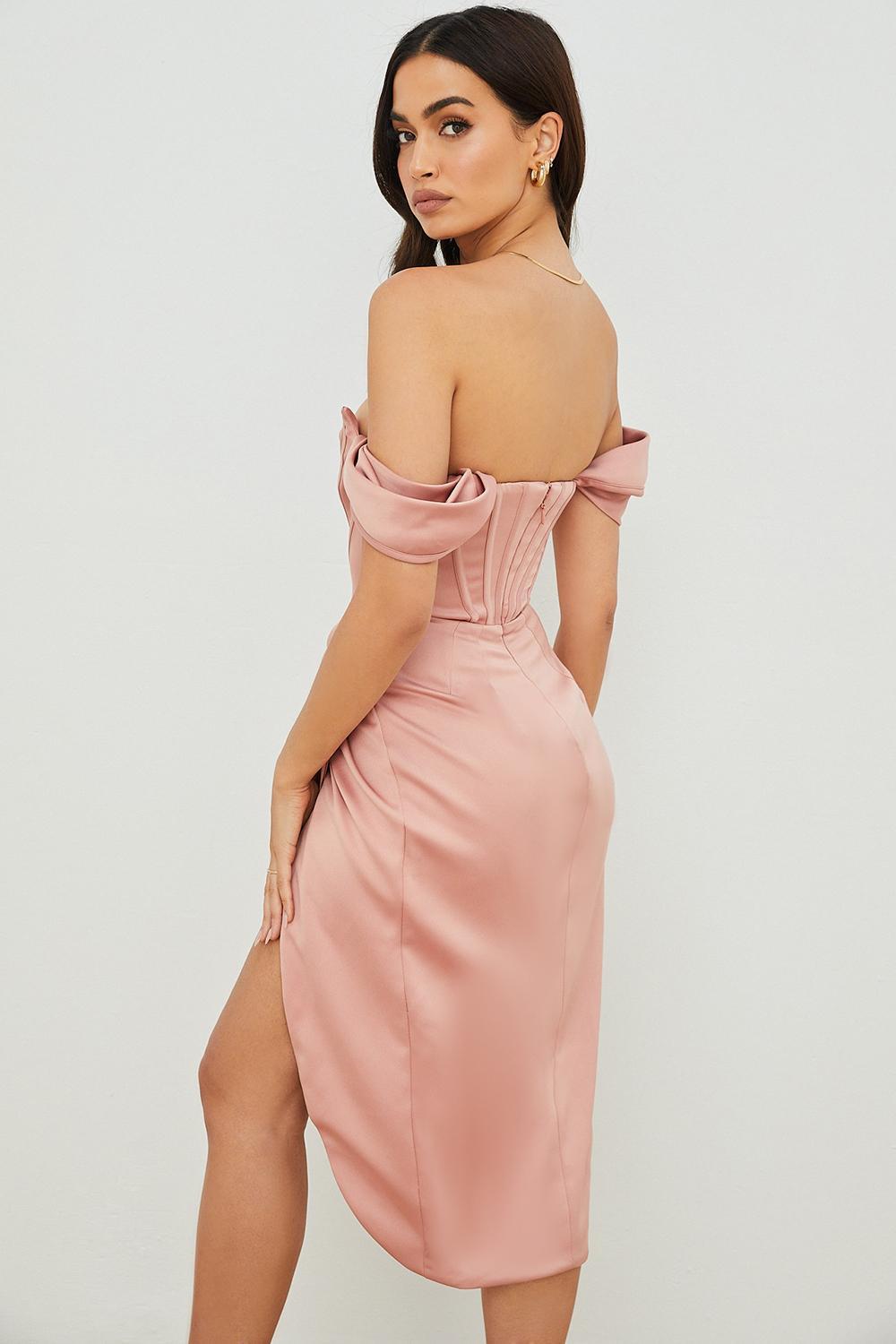 House Of CB Loretta Blush Satin Off Shoulder Midi Dress Pink Size 8 for rent on The Volte - main image