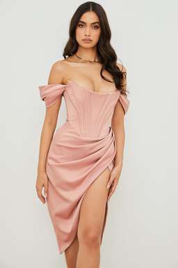 House Of CB Loretta Blush Satin Off Shoulder Midi Dress Pink Size 8 for rent on The Volte - image 1