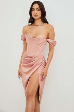 House Of CB Loretta Blush Satin Off Shoulder Midi Dress Pink Size 8 for rent on The Volte - image 3