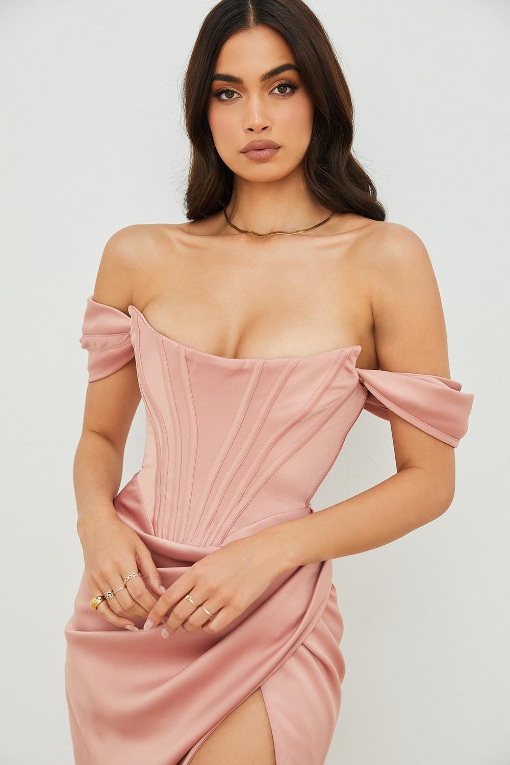 House Of CB Loretta Blush Satin Off Shoulder Midi Dress Pink Size 8 for rent on The Volte - main image
