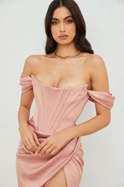 House Of CB Loretta Blush Satin Off Shoulder Midi Dress Pink Size 8 for rent on The Volte - image 5