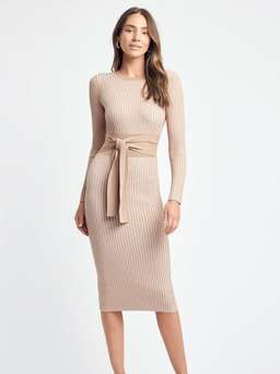 Kookai Sadie Crew Neck Belted Dress Nude Size 10 for rent on The Volte - image 1