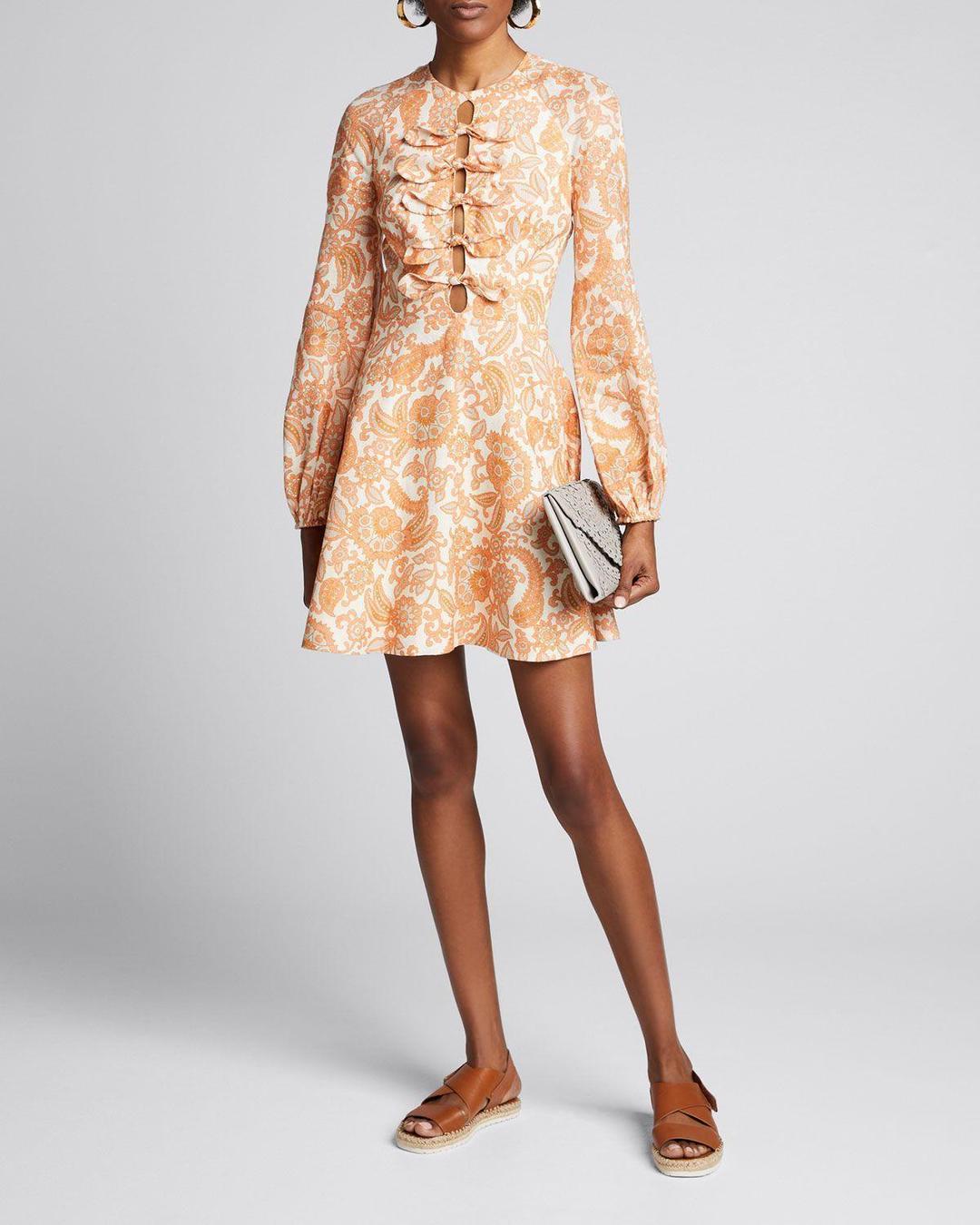 Zimmermann Peggy Tie-detailed Paisley-print Linen Mini Dress In Orange Paisley Size 01 for rent on The Volte - main image