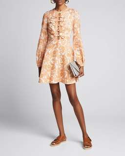 Zimmermann Peggy Tie-detailed Paisley-print Linen Mini Dress In Orange Paisley Size 01 for rent on The Volte - image 1