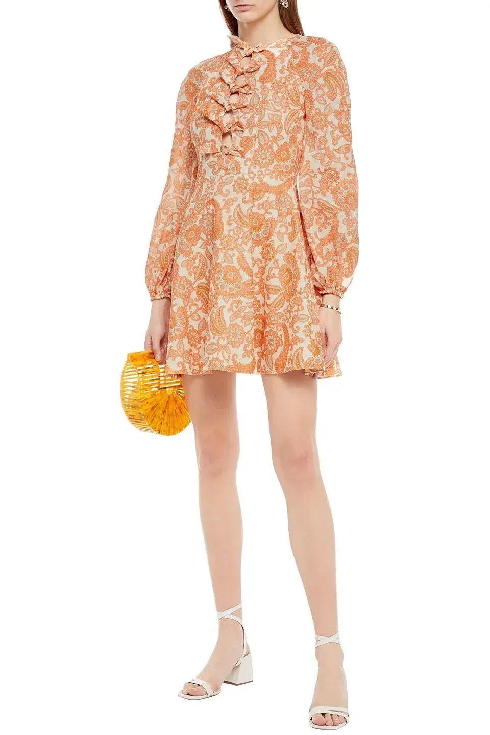 Zimmermann Peggy Tie-detailed Paisley-print Linen Mini Dress In Orange Paisley Size 01 for rent on The Volte - main image