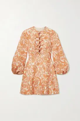 Zimmermann Peggy Tie-detailed Paisley-print Linen Mini Dress In Orange Paisley Size 01 for rent on The Volte - main image